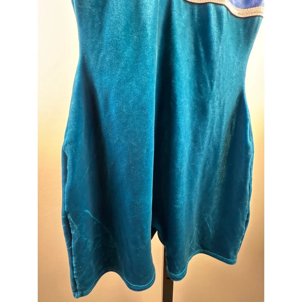 GK Elite Gymnastics Biketard Girls CM Blue Velvet Ombre Silver Trim Excellent